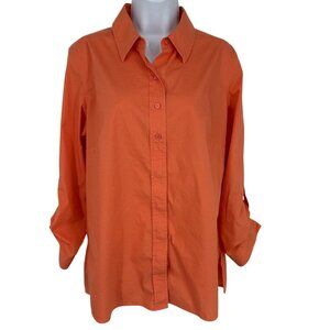 Chico's Women's Button-Up Collared Long Roll Tab Sleeve Orange Shirt Size 1 US M